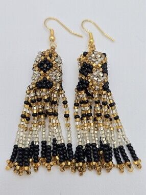 Handmade Beaded Fringe Earrings Boho Tribal Chevron Statement 3" Gold